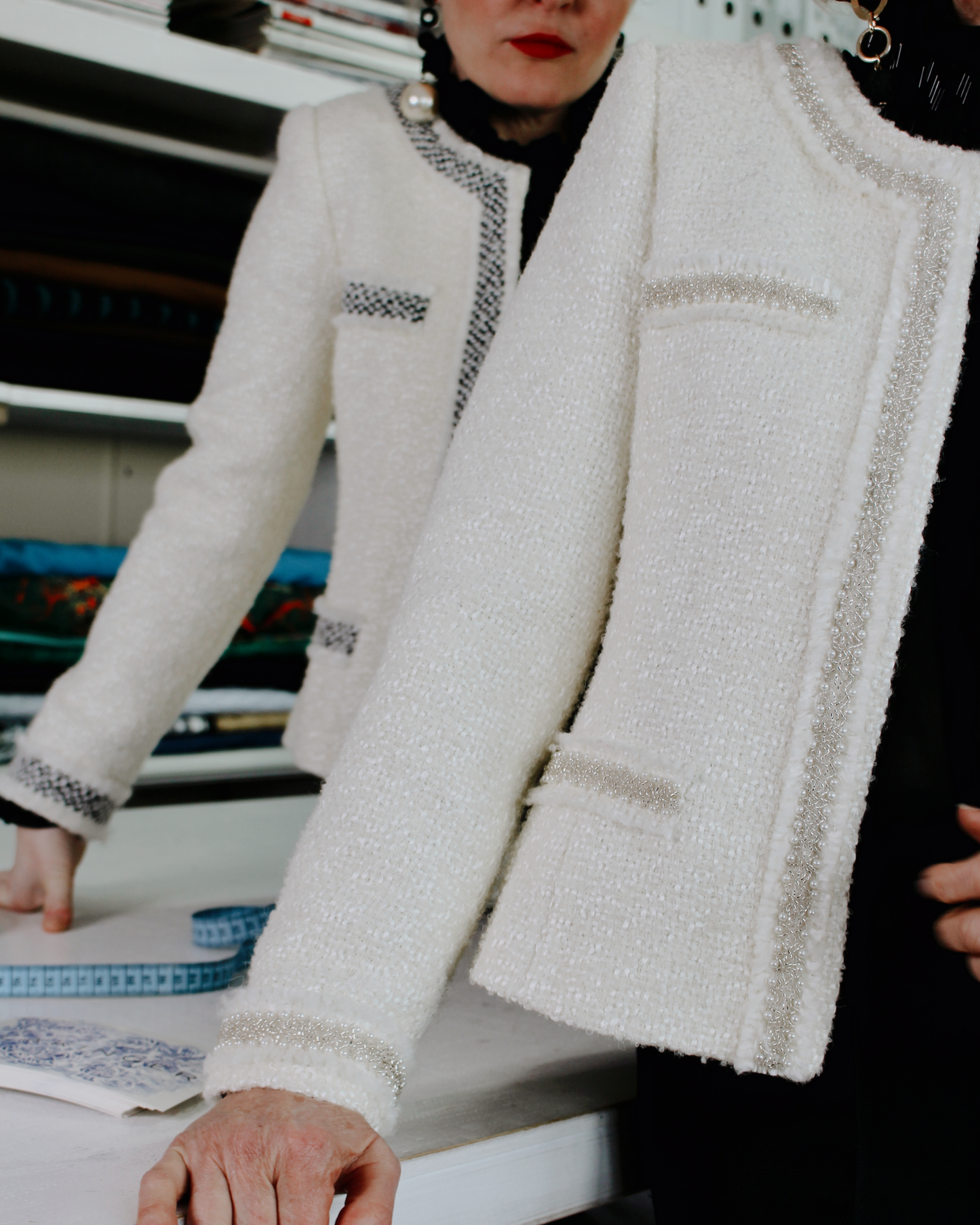 PLAKINGER Ivory white tweed jacket with fringing look 2 – contemporary couture